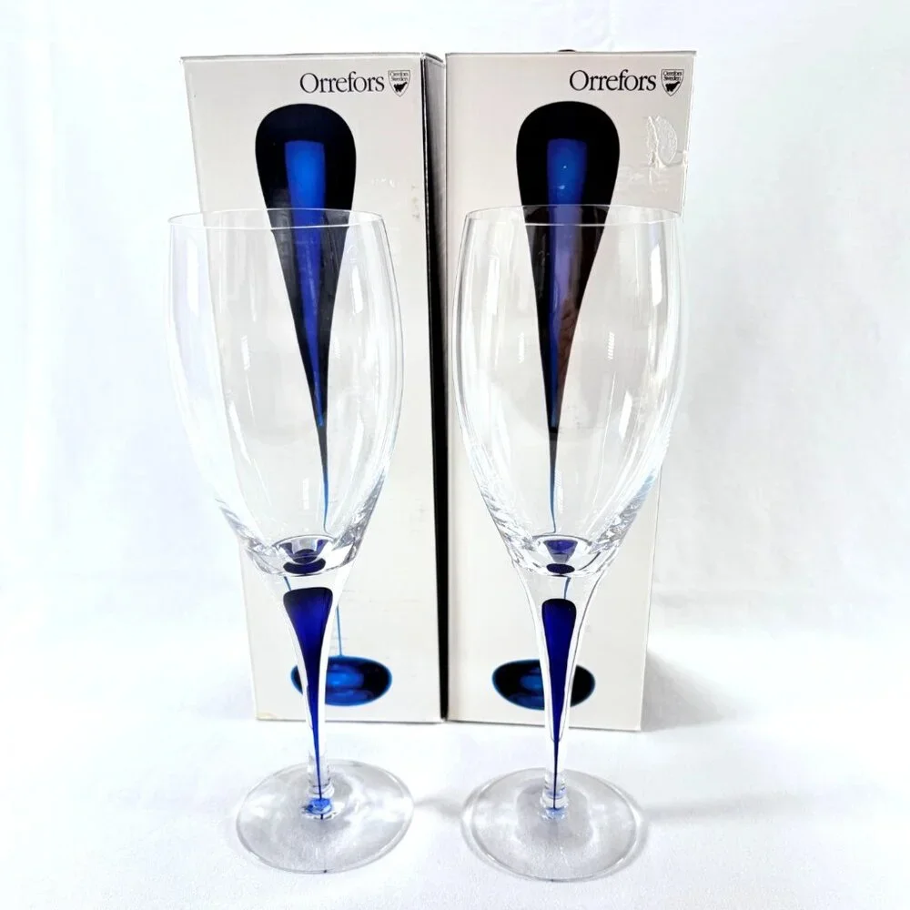 Orrefors Intermezzo Blue Set of 2 Hand Blown Crystal Water Goblet Glasses 9 1/4